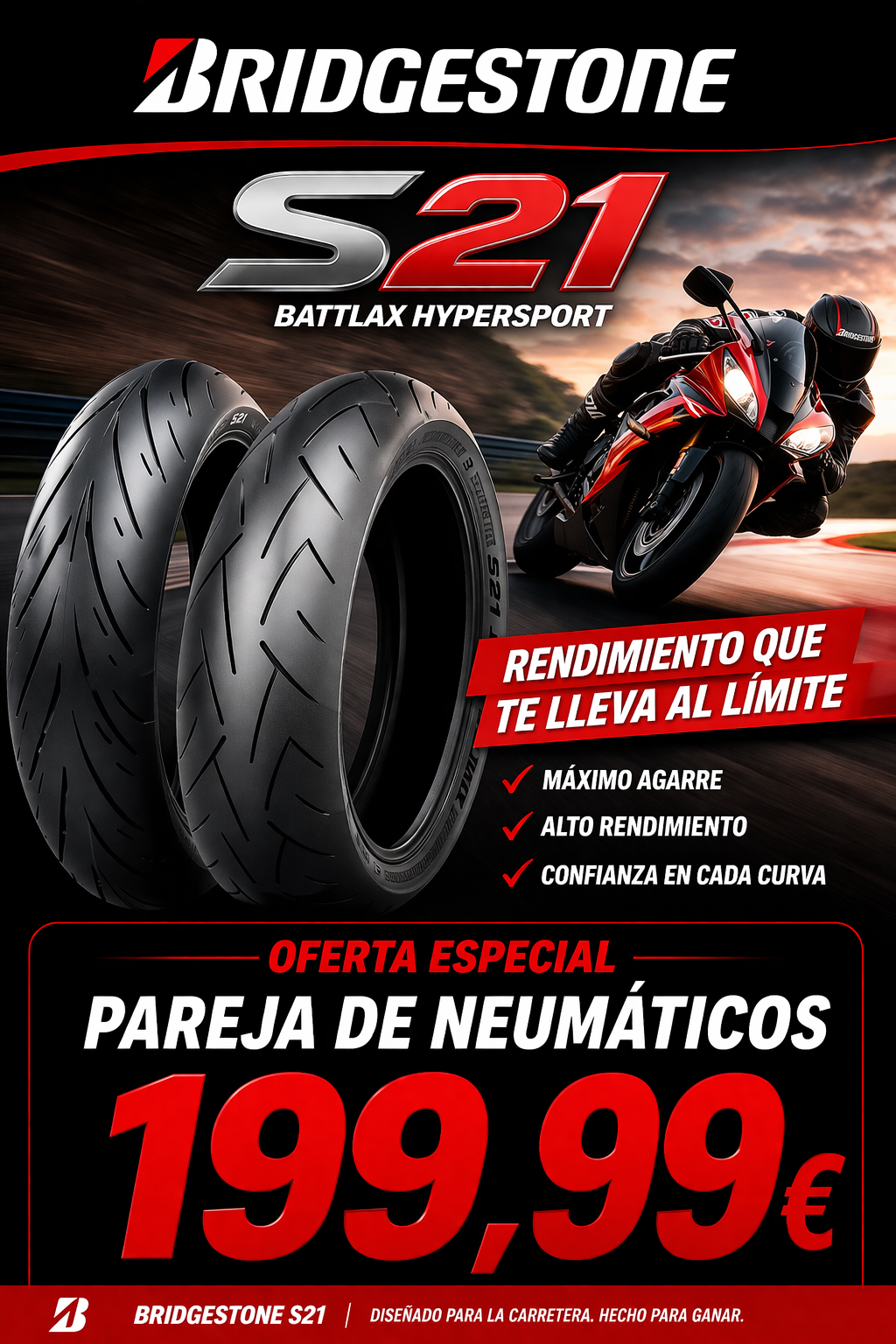 Bridgestone Battlax Hypersport S21 – Pareja de Neumáticos Moto | Máximo Agarre y Rendimiento
